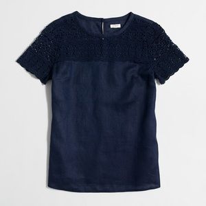 J. Crew Short Sleeve Linen Lace Navy Tee Size 2